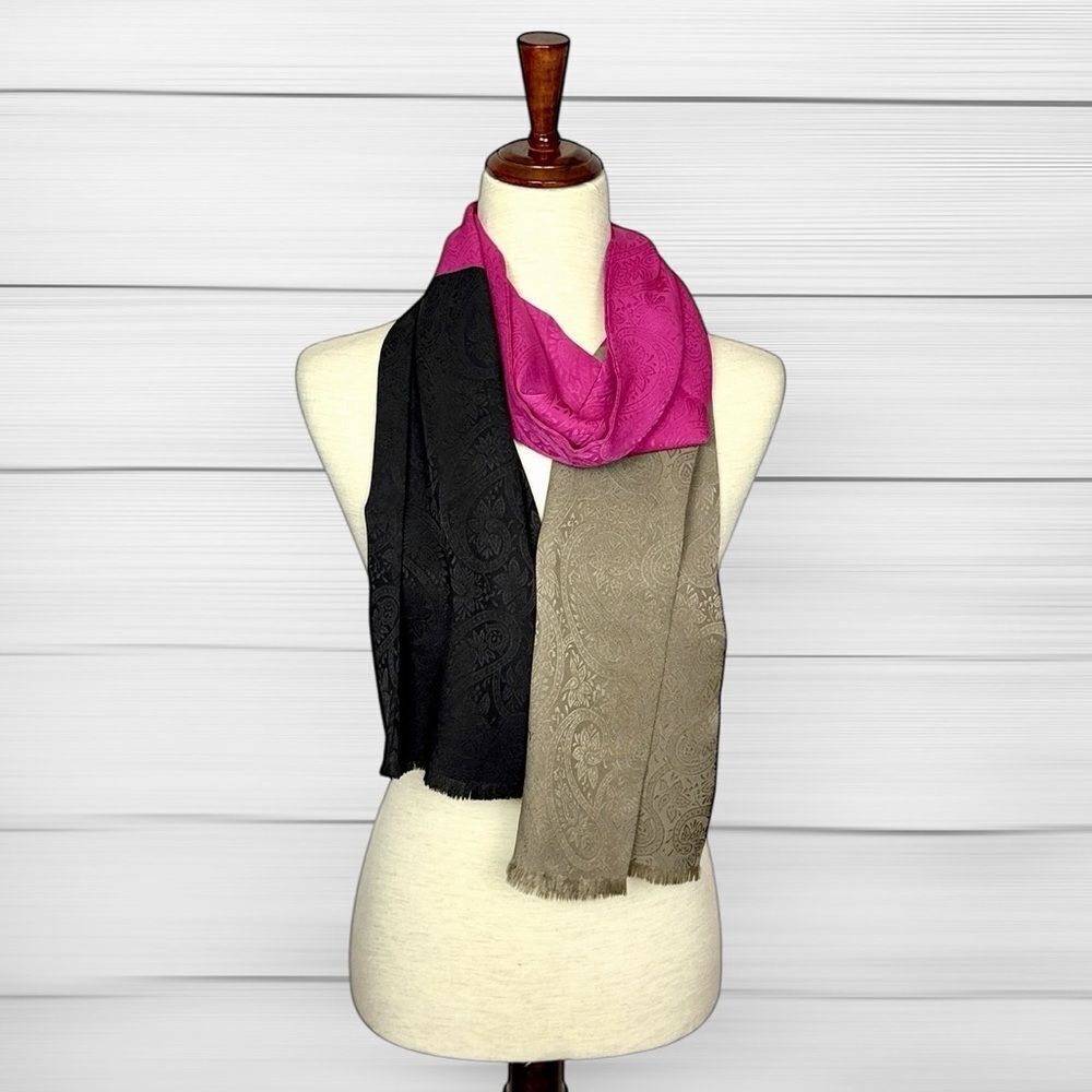 Linda Allard Ellen Tracy Silk Long Doubled Scarf Colorblock Pink Black Tan
